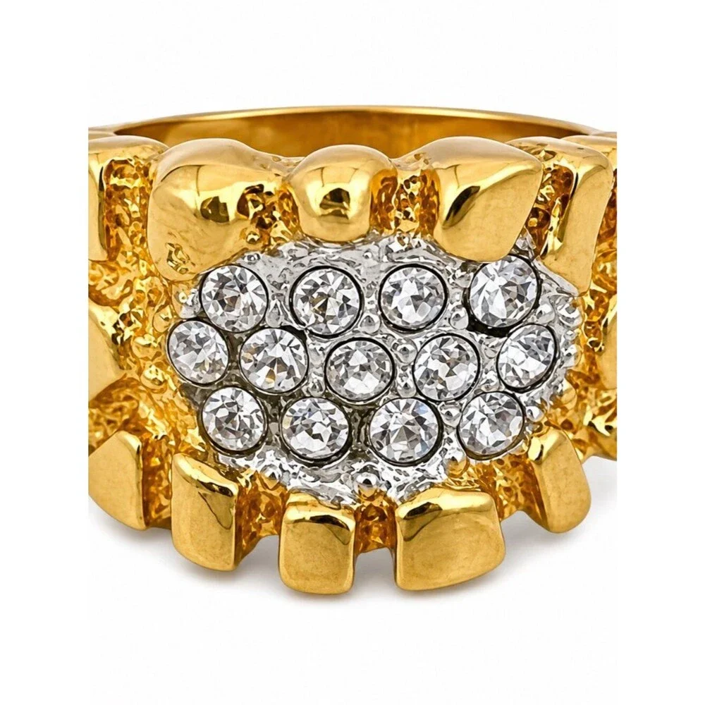 Vintage 1970s Uncas Nugget Ring Size 7  14KT Gold Plate Pave Crystal - 14O